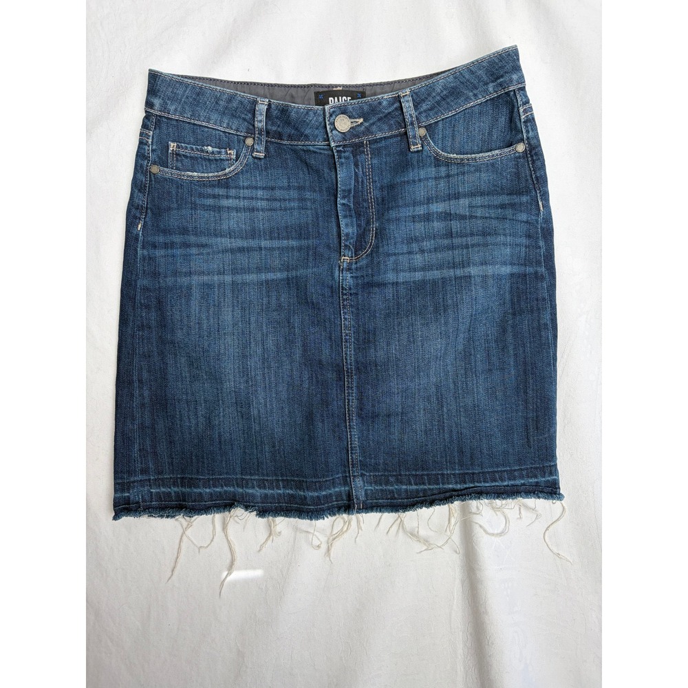 PAIGE Denim Mini Skirt Dark Wash Raw Frayed Hem Size 28 Five Pocket Mini